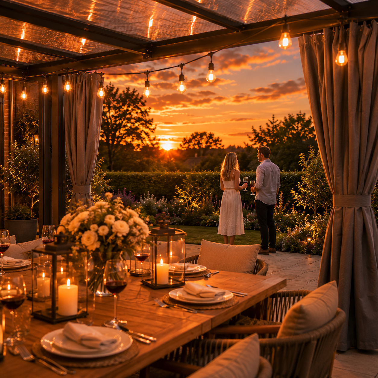 OutdoorHavens Lean-To Pergola — With Curtains