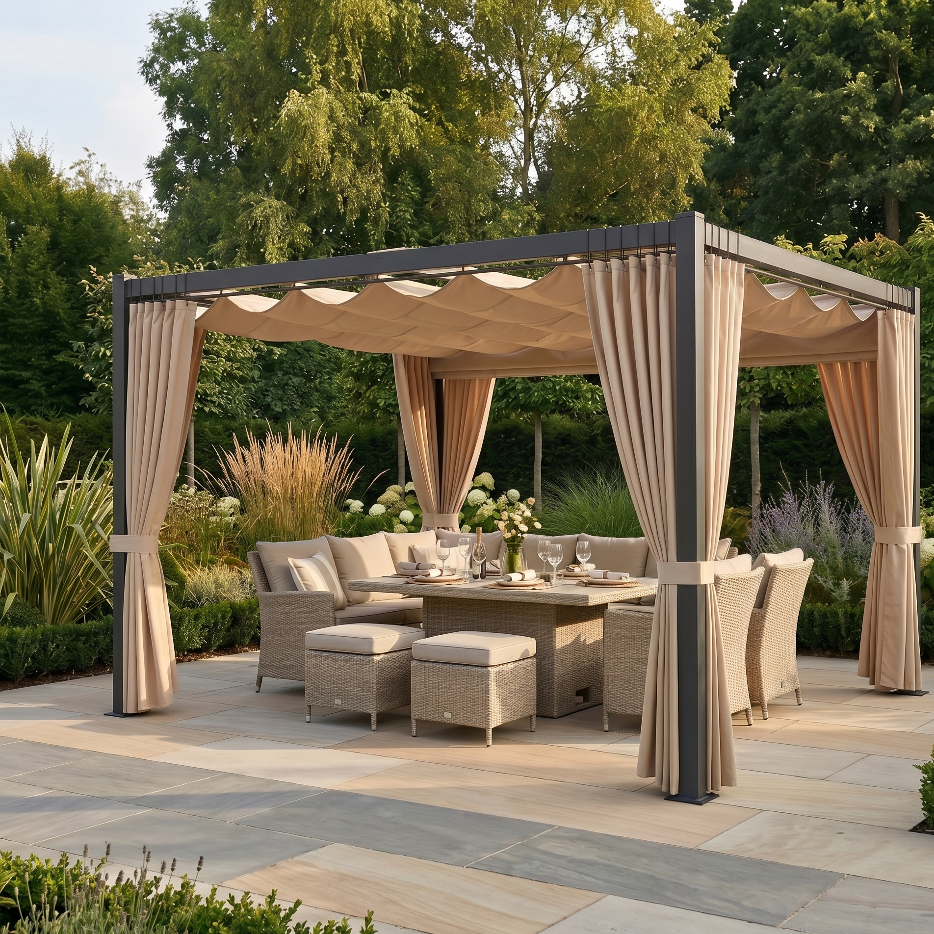 Outdoorhavens Retractable Pergola with Curtains