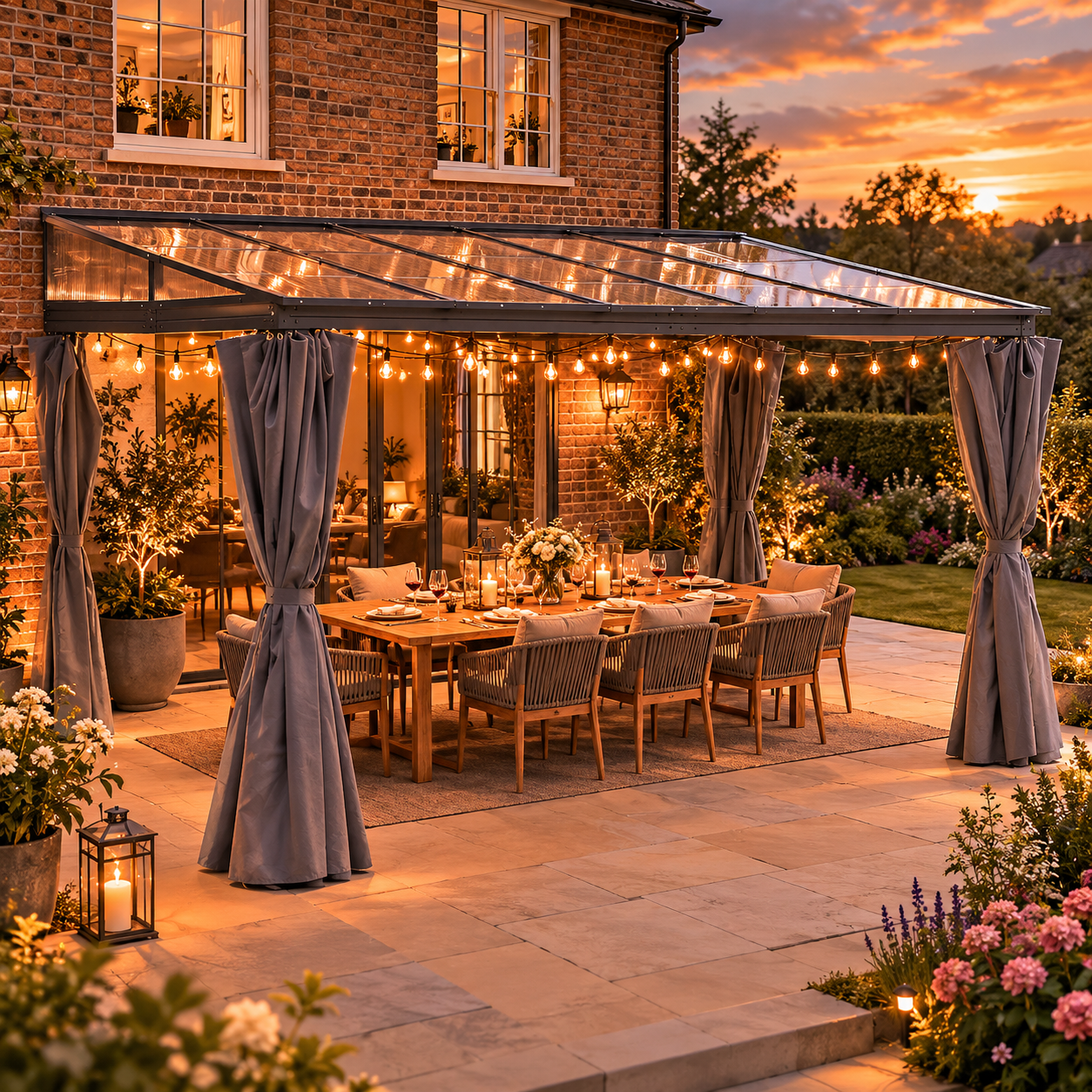 OutdoorHavens Lean-To Pergola — With Curtains